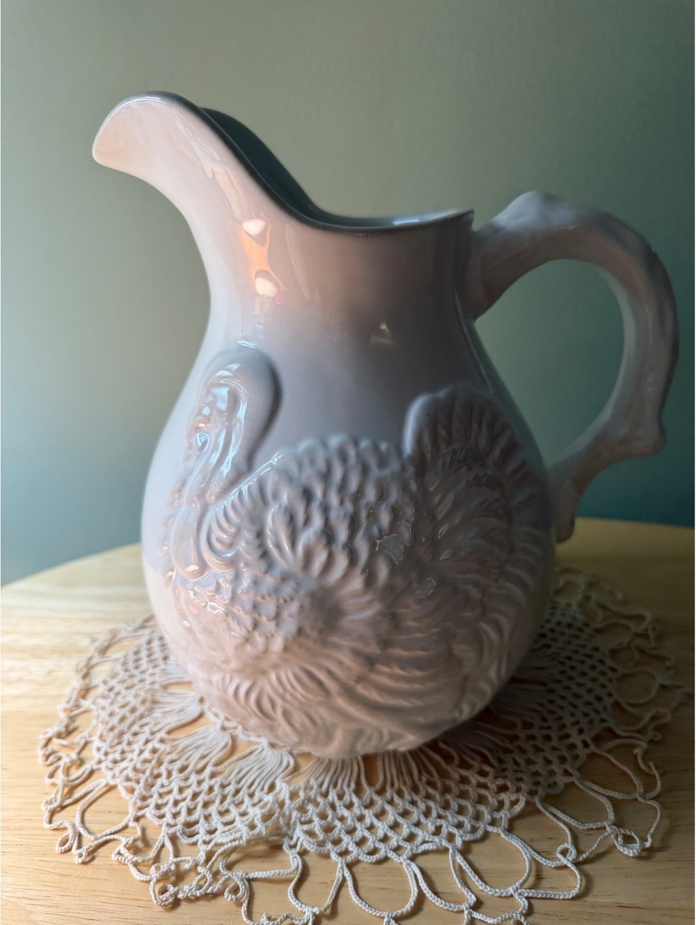 White Ceramic Pitcher with Embossed Turkey Design